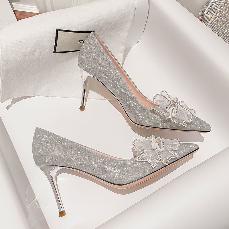 فستان زفاف رئيسي عصري أحذية زفاف أحذية عروس كعب عالٍ كريستالي كعب عالٍ أنيق لرفيقات العروس كوينسيانيرا - Image 5